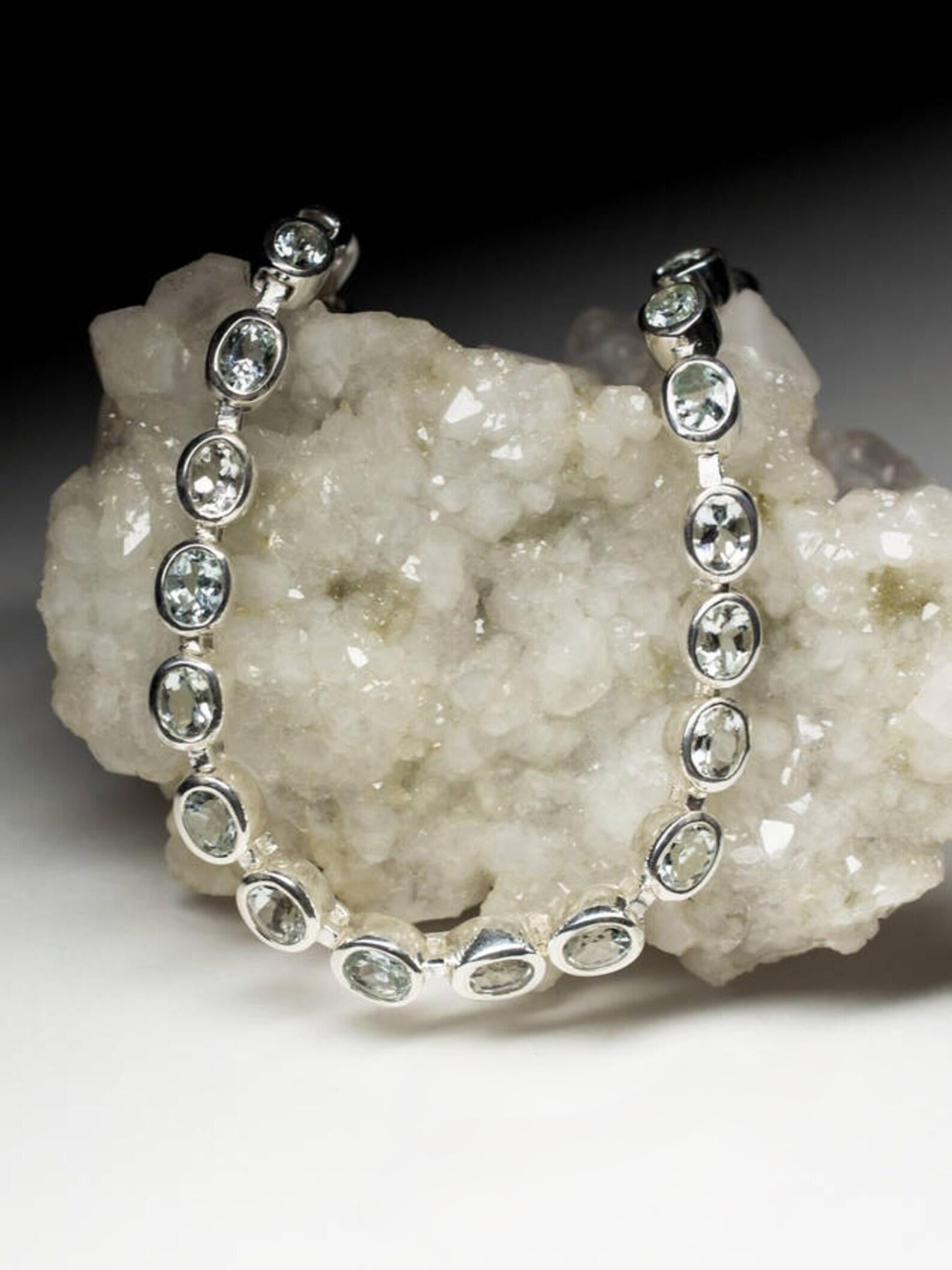 Women's or Men's Aquamarine Bracelet Silver Natural Gemstone Blue Beryl gift for wife For Sale