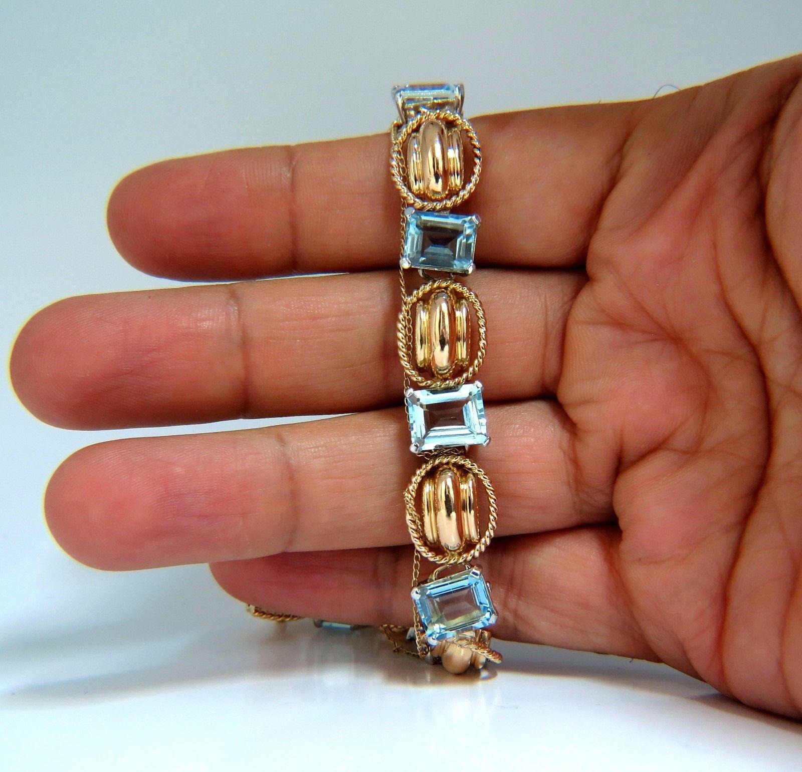 Aquamarine Bracelet Vintage 16.40 Carat Seven Emerald Cuts 18 Karat Chain Link 3