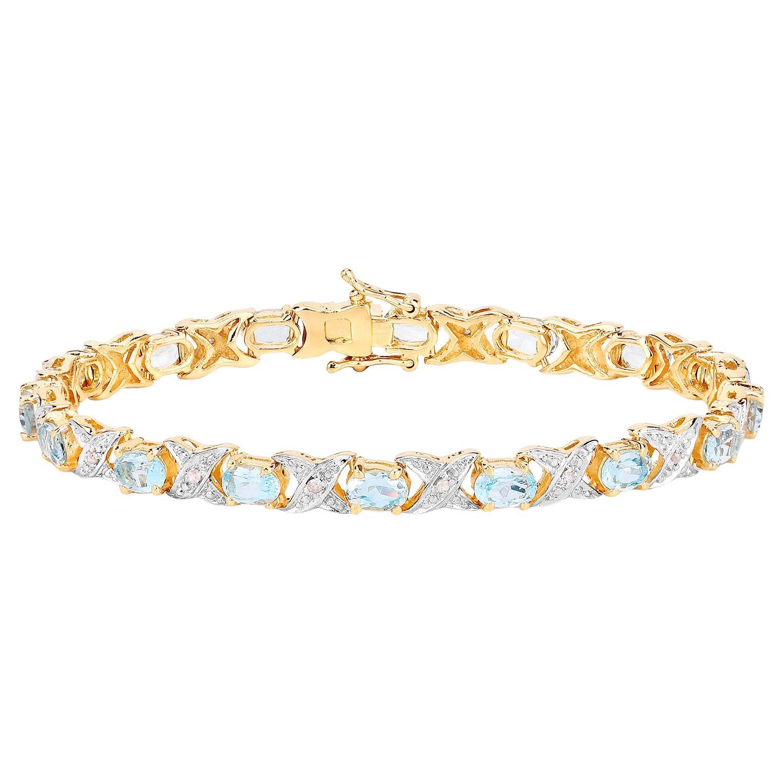 Bracciale Acquamarina Diamanti Bianchi 6,5 Carati Placcato Oro 14K A. Silver