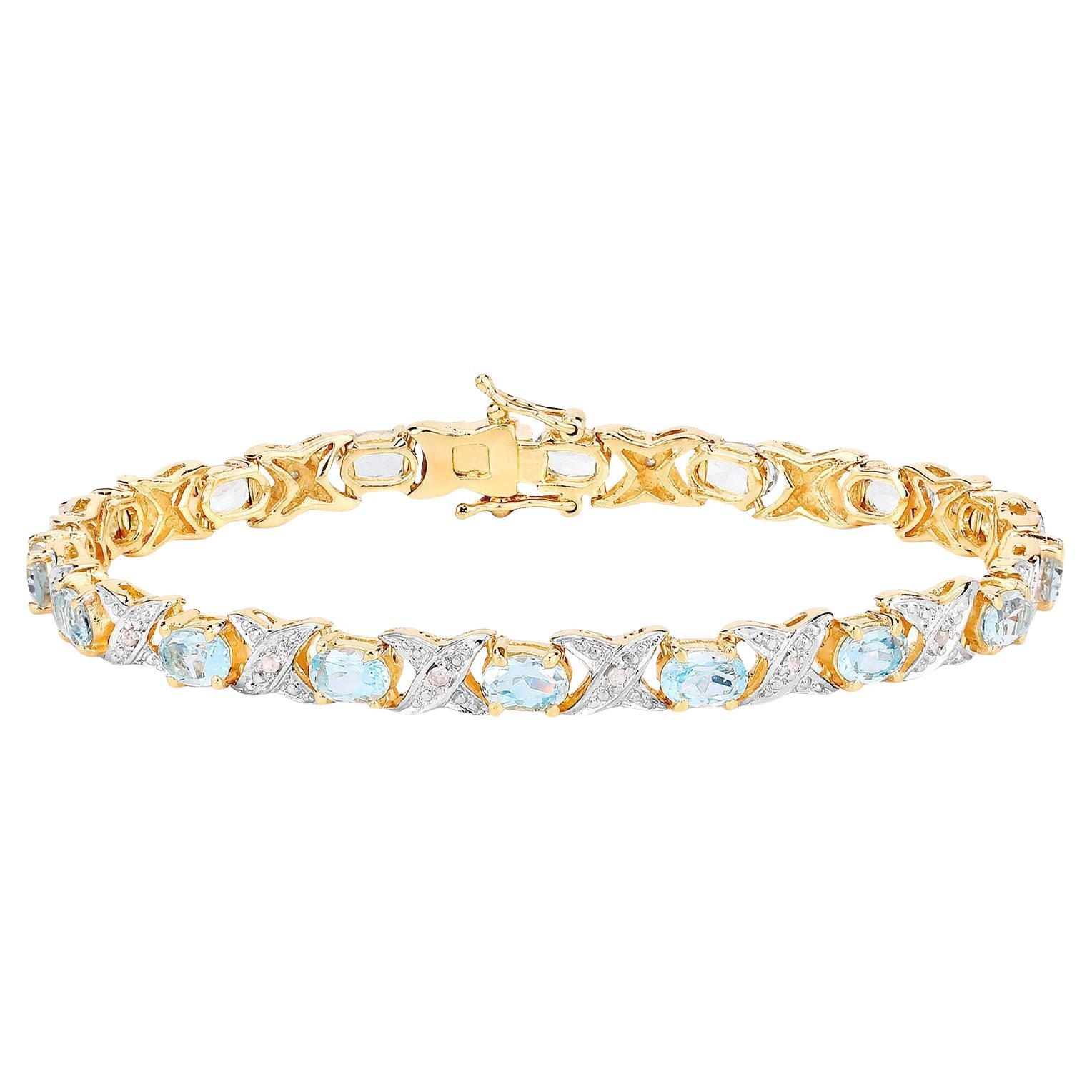 Bracciale Acquamarina Diamanti Bianchi 6,5 Carati Placcato Oro 14K A. Silver