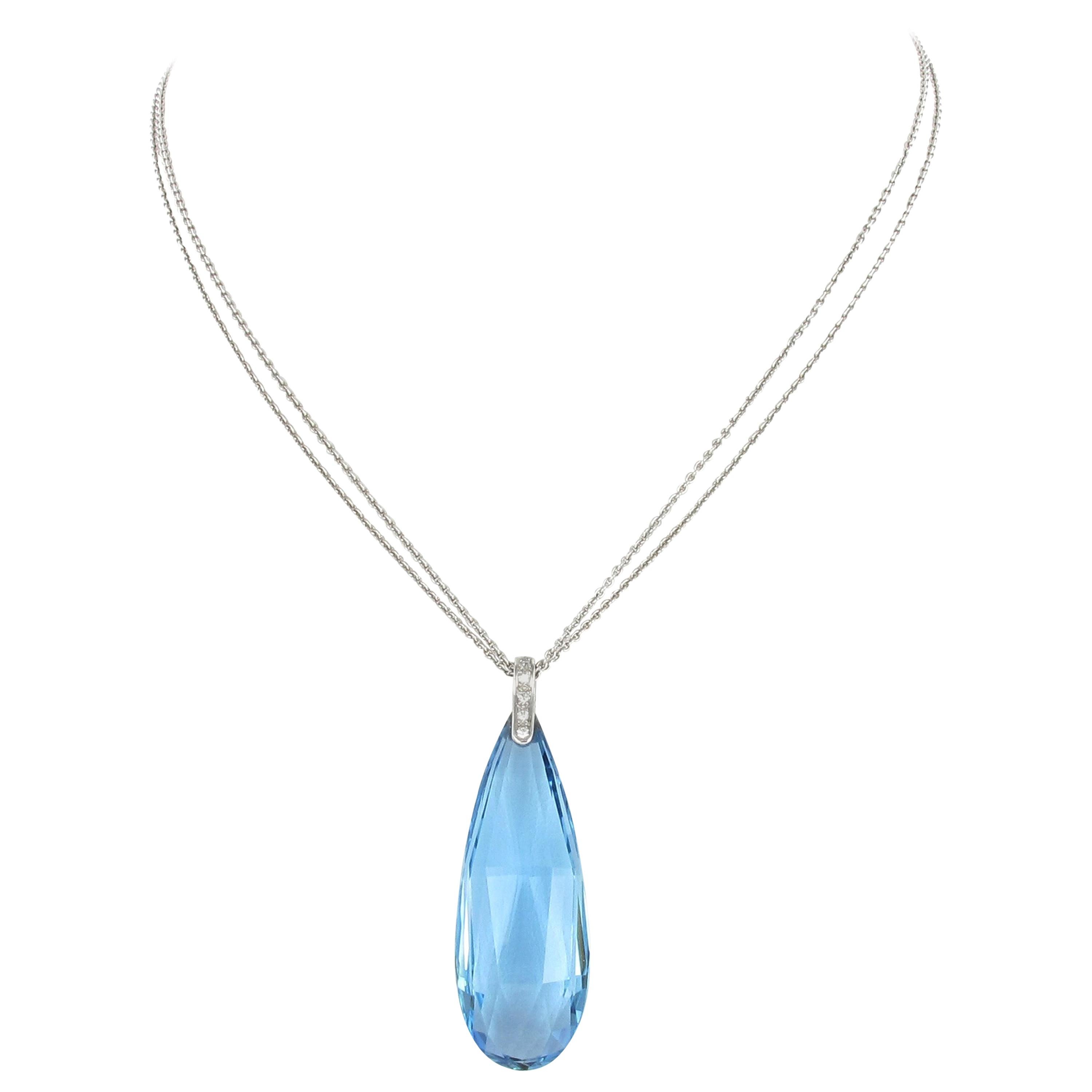 Aquamarine Briolette and Diamond Necklace in 18 Karat White Gold For Sale