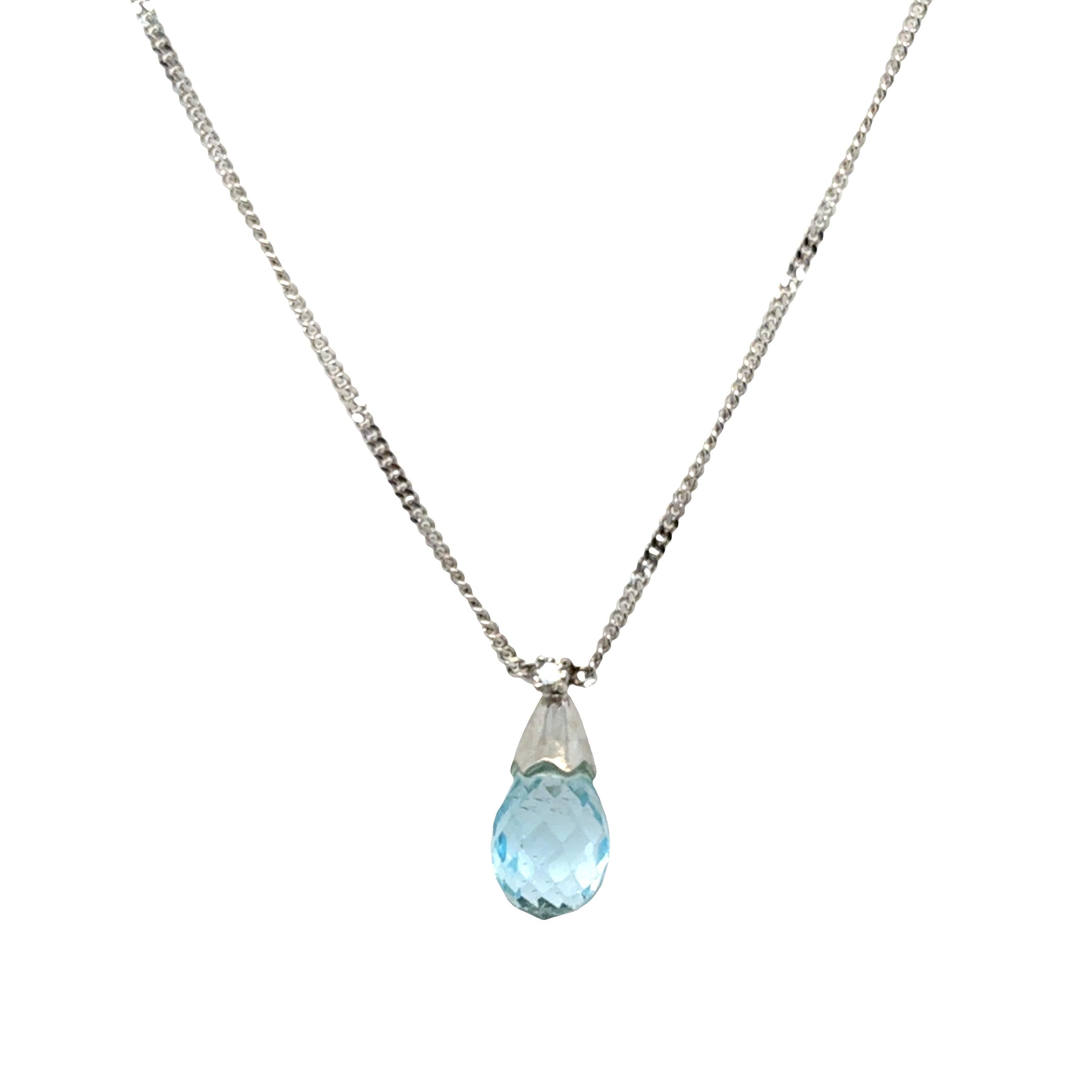 Taglio briolette Collana con ciondolo di acquamarina e diamanti - Oro bianco 14k in vendita