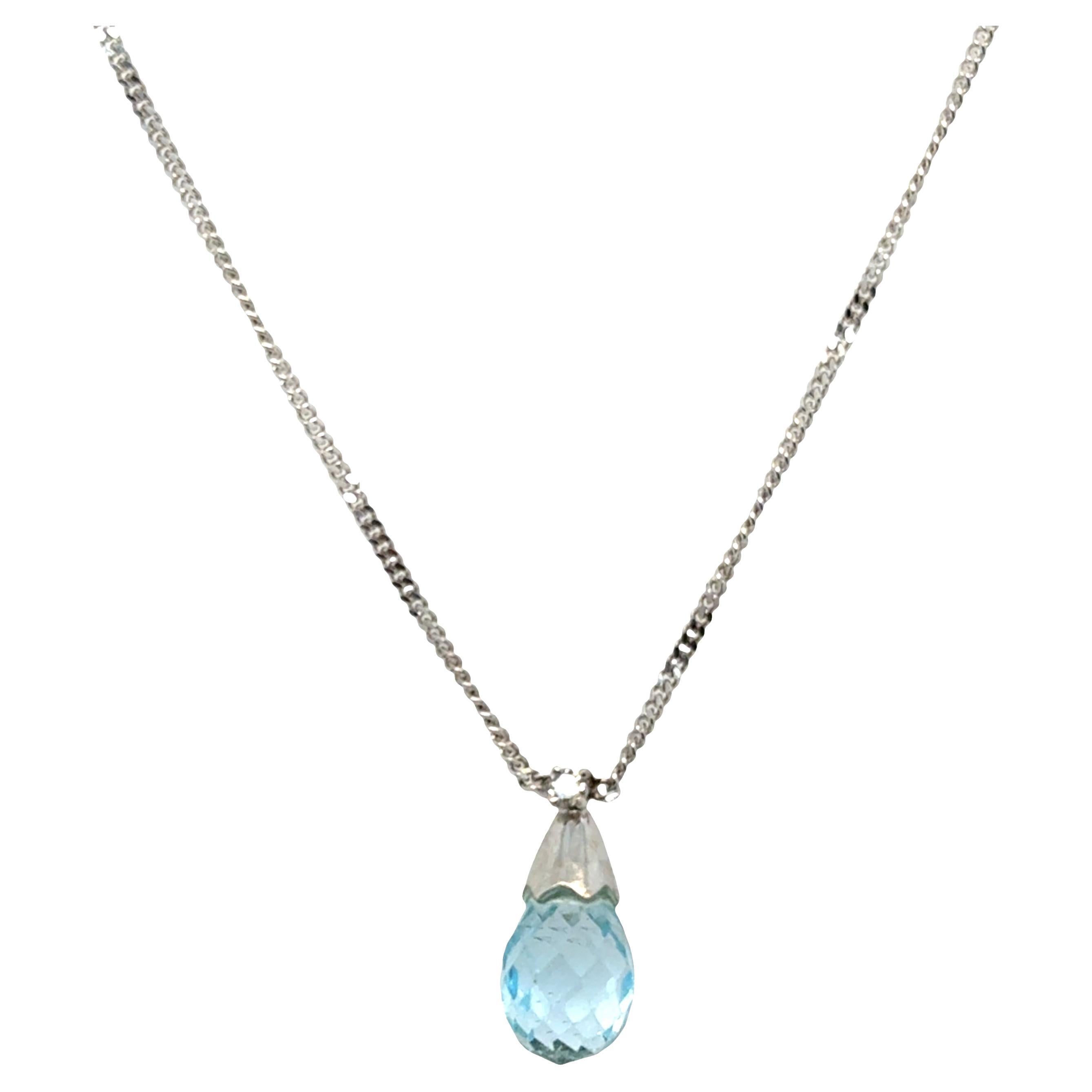 Collana con ciondolo di acquamarina e diamanti - Oro bianco 14k in vendita
