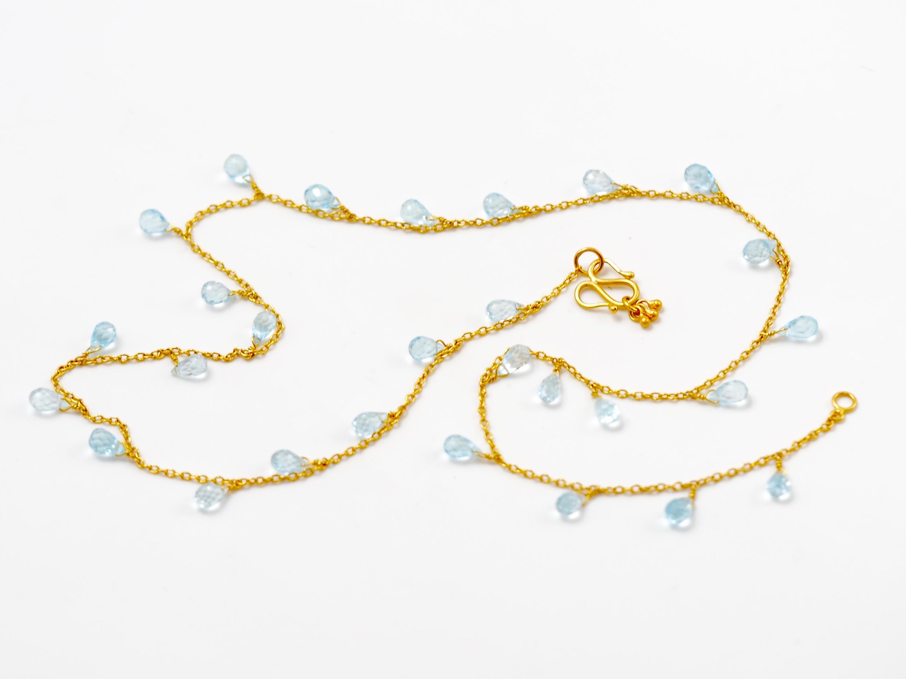 Women's Aquamarine Briolette Drop 22 Karat Gold Necklace