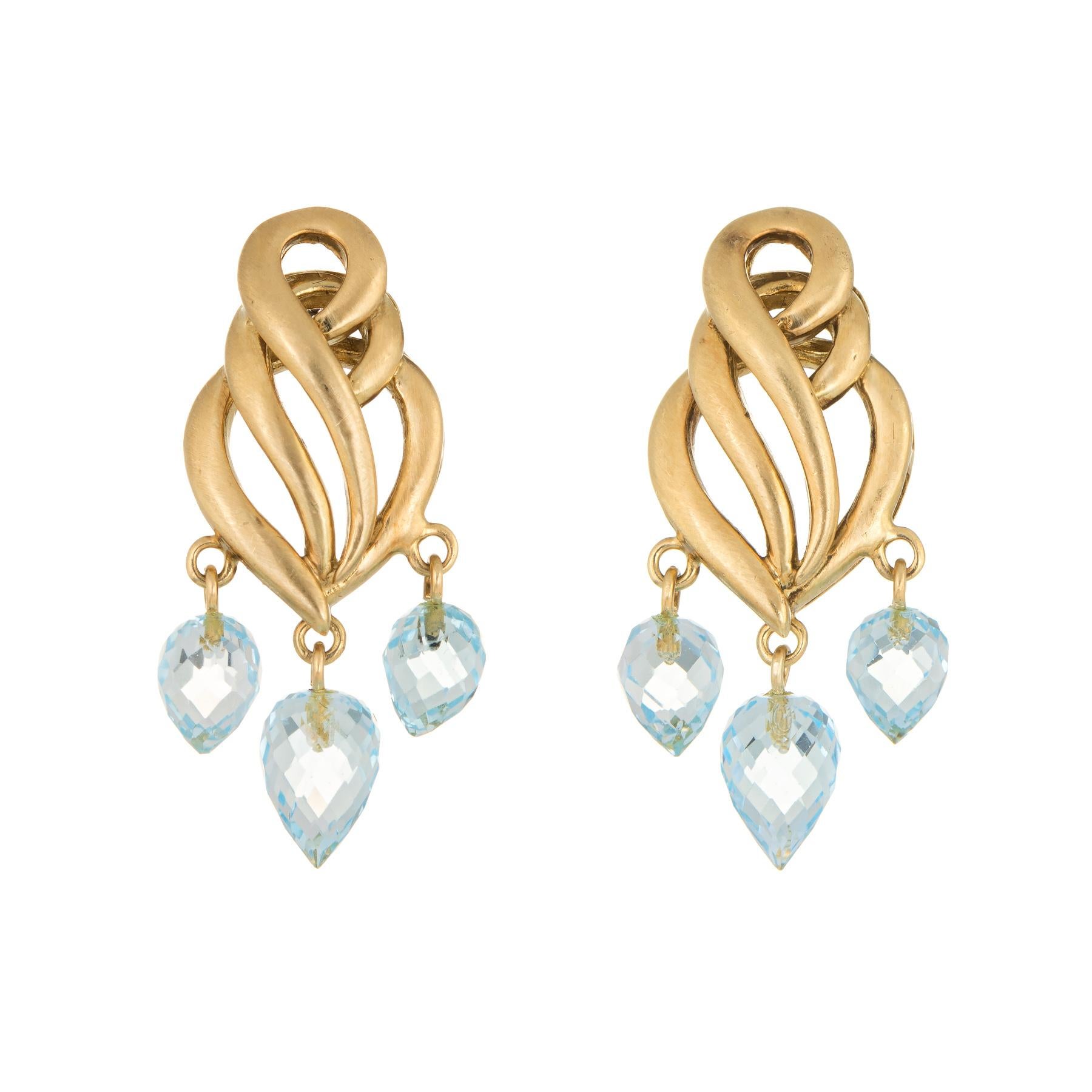 Briolette Cut Aquamarine Briolette Drop Earrings Estate 18k Brushed Yellow Gold Fine Jewelry