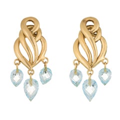 Aquamarine Briolette Drop Earrings Estate 18k Brushed Yellow Gold Fine Jewelry