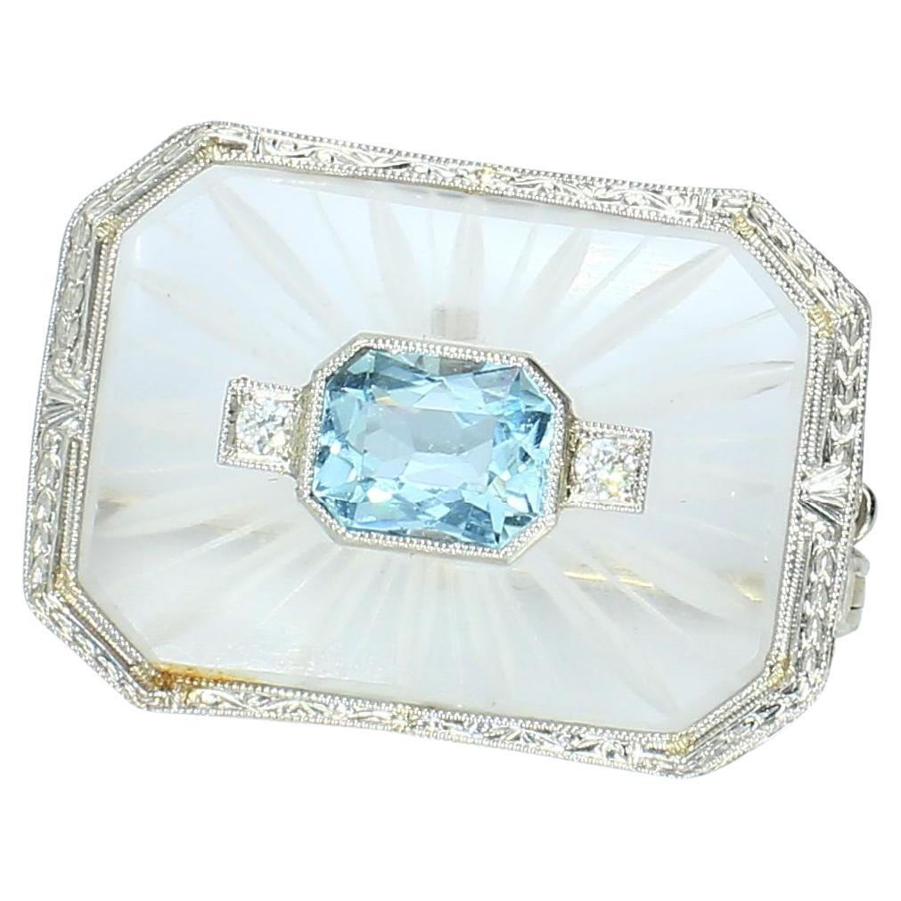 Antique 1.6ct Aquamarine Brooch with Diamonds, SI1/F in 14k White Gold