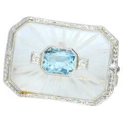 Aquamarine Brooch with Diamonds in 14k White Gold
