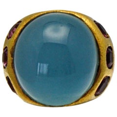 Aquamarine Cabochon 33.97 Carat Pink Tourmalines Ring