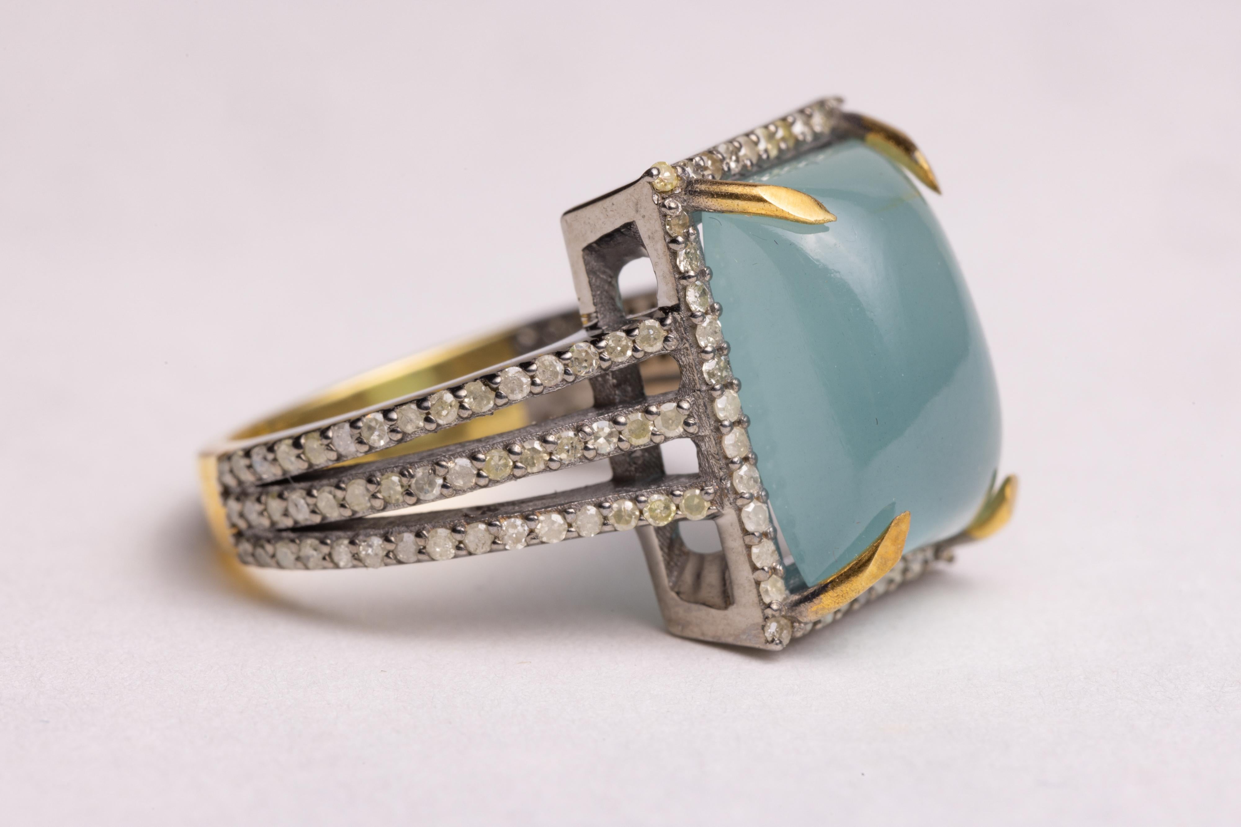 Square Cut Aquamarine Cabochon and Diamond Ring For Sale