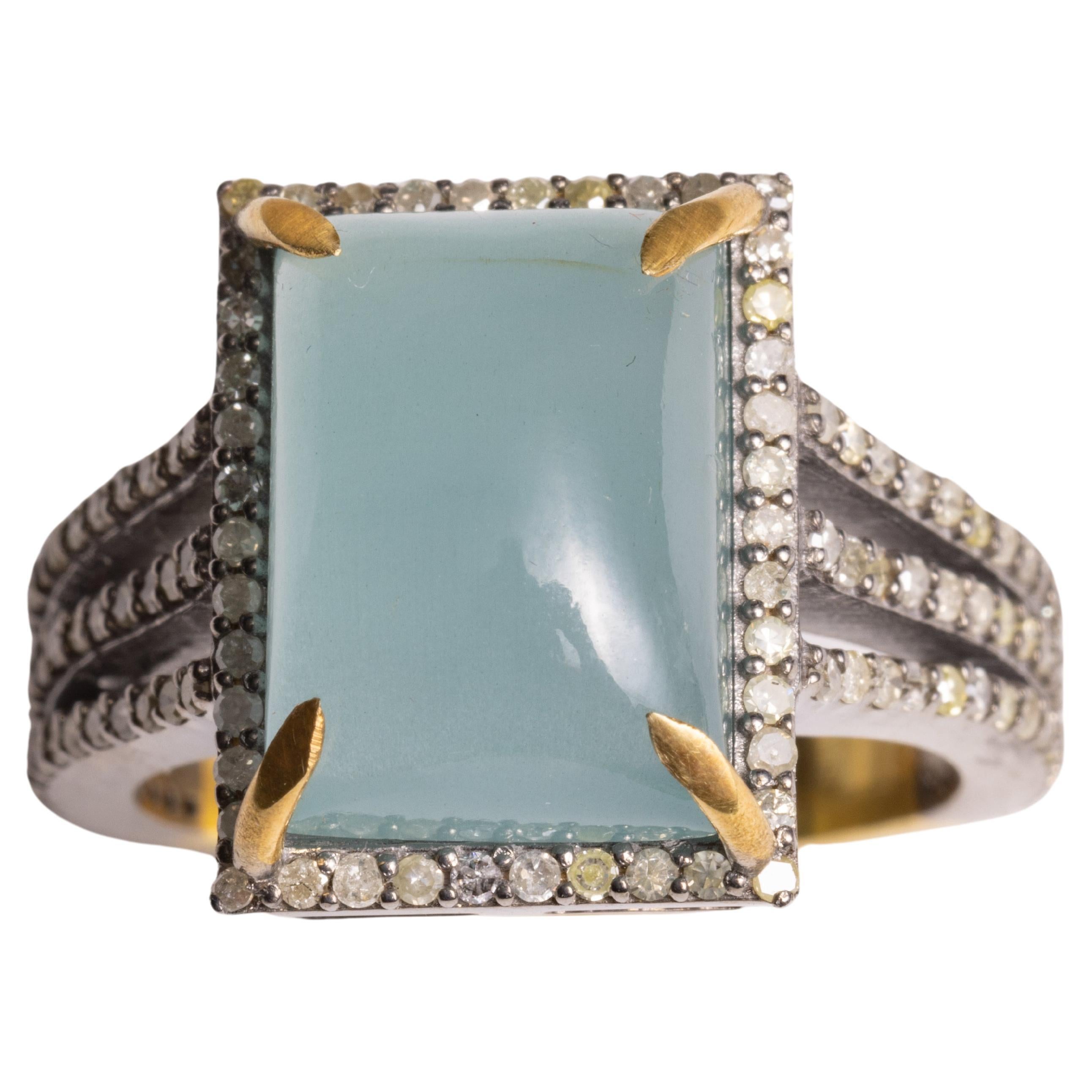 Aquamarine Cabochon and Diamond Ring For Sale