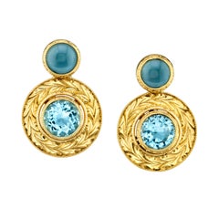 Cabochon & Faceted Aquamarine, Yellow Gold Hand Engraved Round Drop Earrings