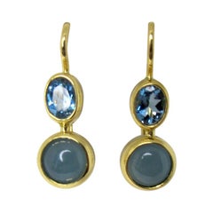 Aquamarine Cabochon and Facetted Drop Earrings 18 Karat Yellow Gold