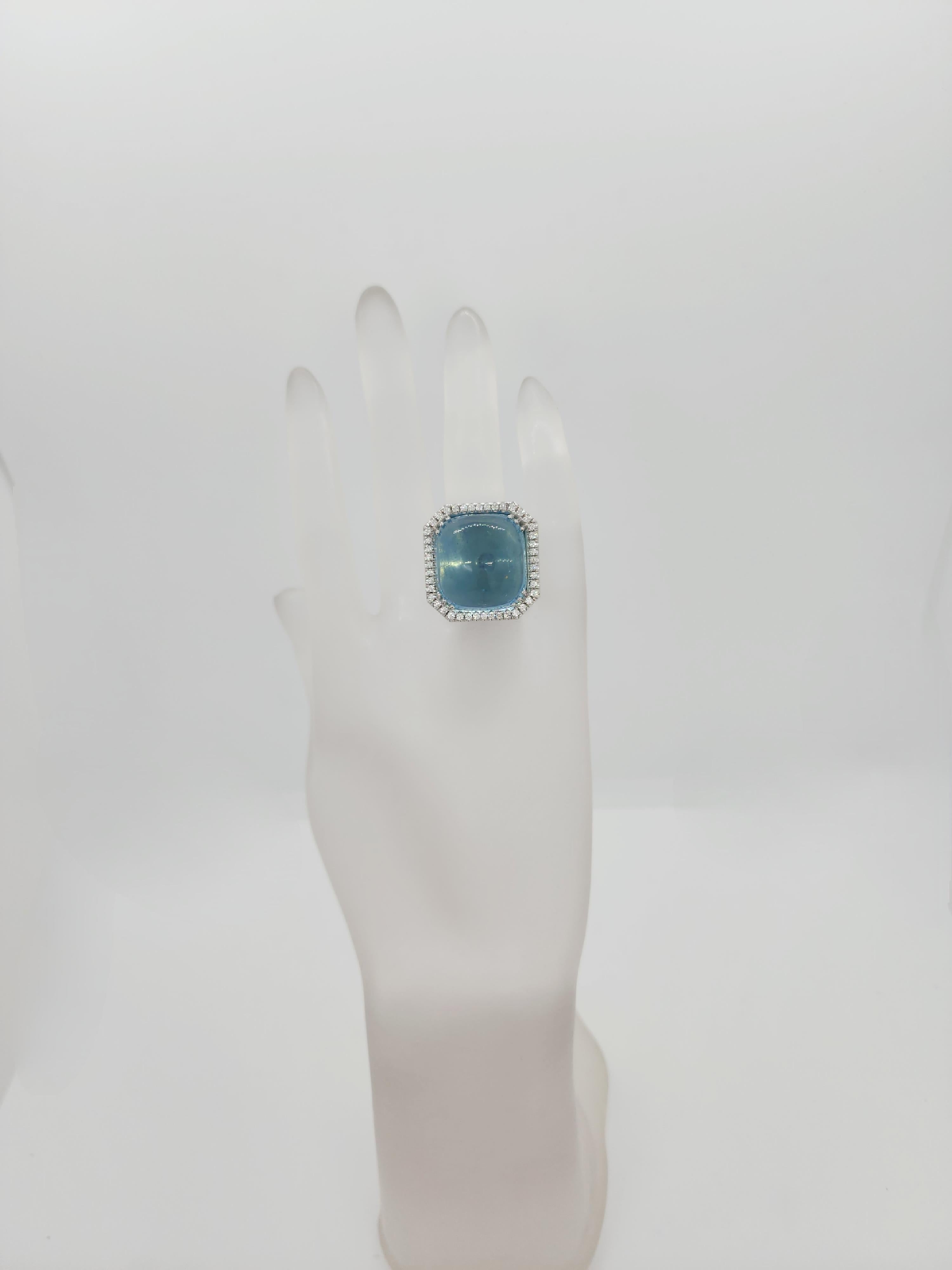Aquamarine Cabochon and White Diamond Cocktail Ring in 18k White Gold In New Condition For Sale In Los Angeles, CA