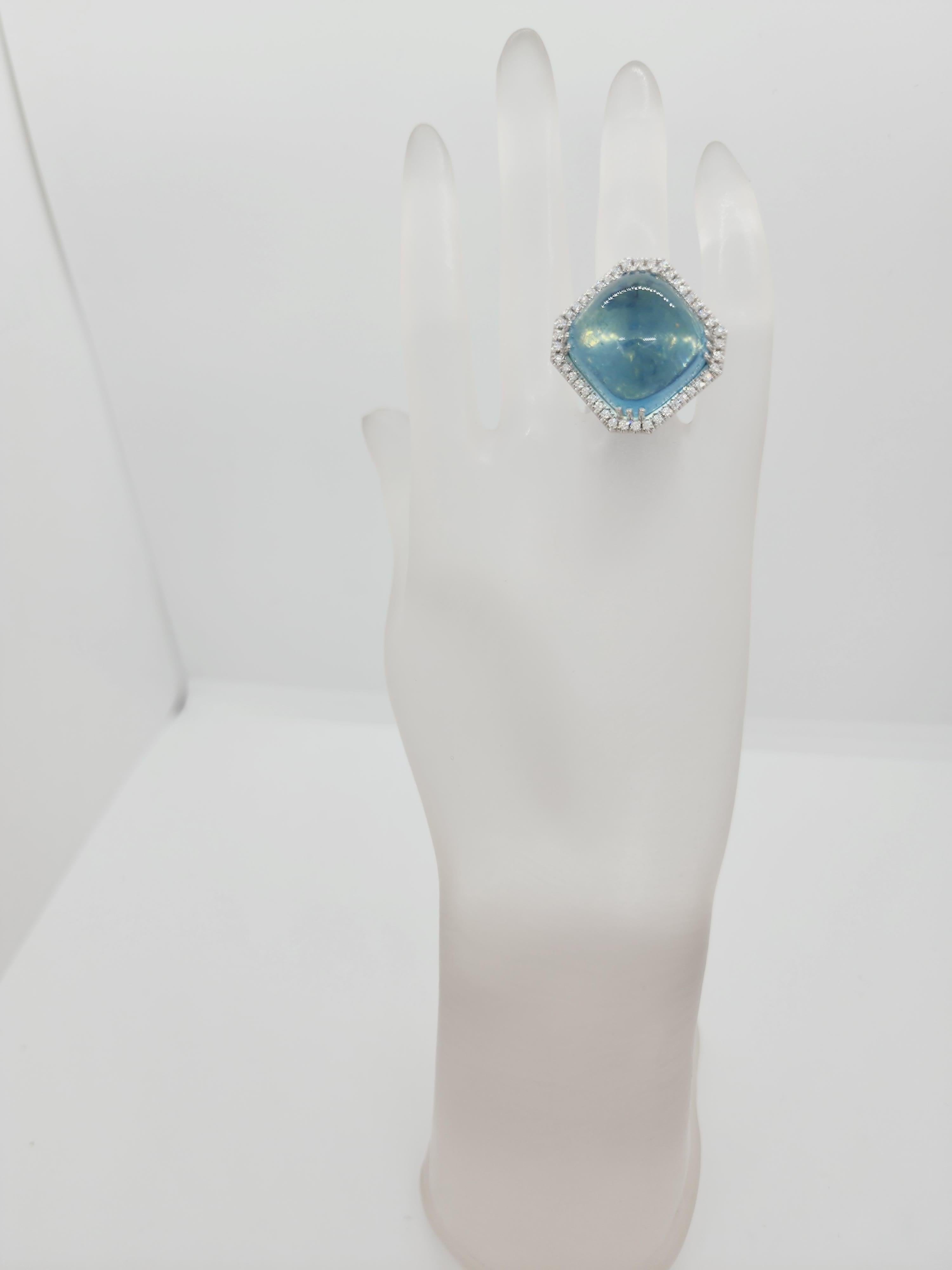 Women's or Men's Aquamarine Cabochon and White Diamond Cocktail Ring in 18k White Gold For Sale