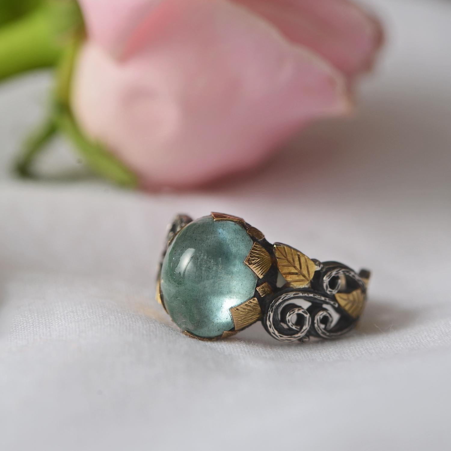 Artisan Aquamarine Cabochon Hand Engraved Cocktail Ring For Sale
