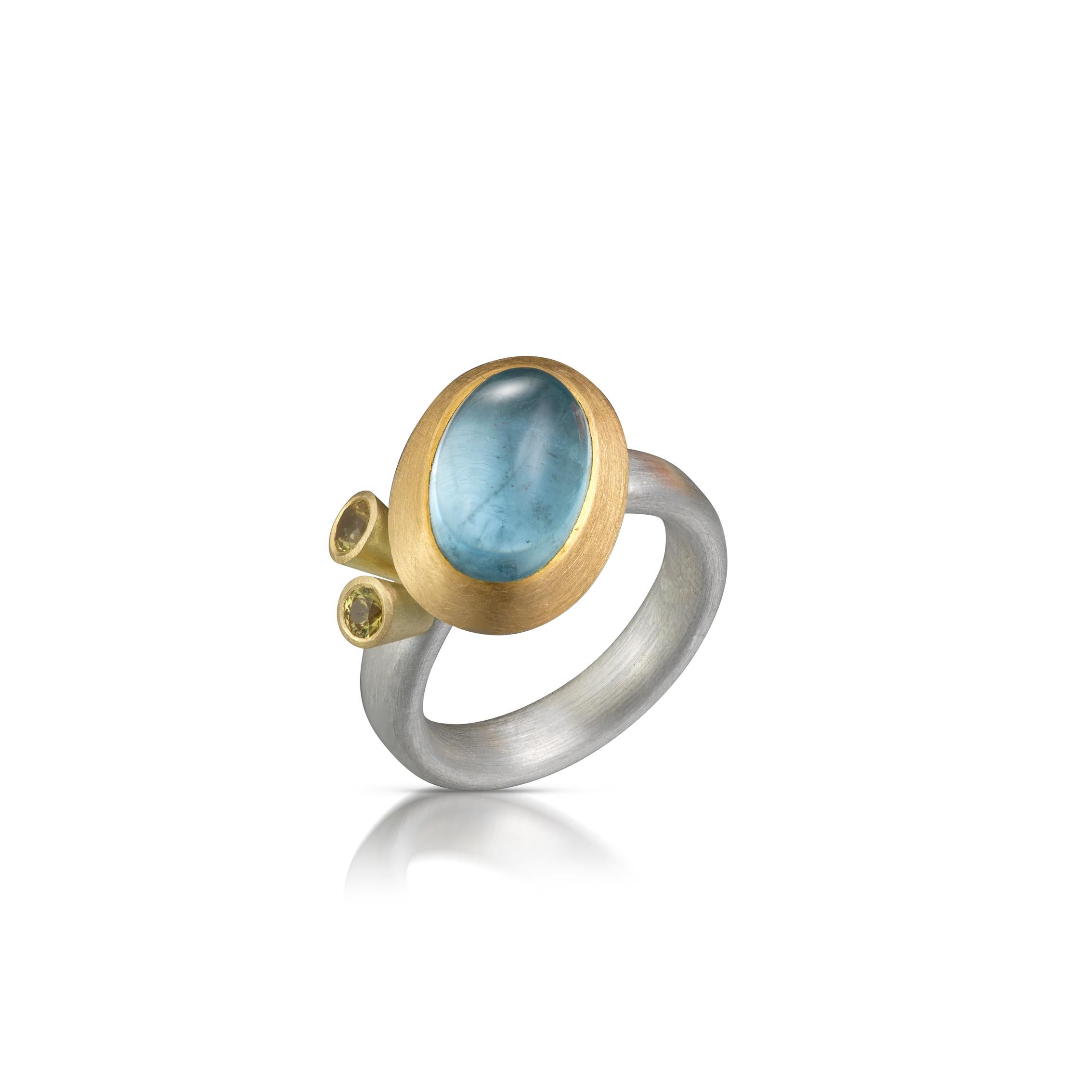 Bright aquamarine cabochon paired with a duo of rare Australian yellow sapphires, making up this gorgeous statement ring. The cabochon is set in 22ct yellow gold, the yellow sapphires are set in 18ct yellow gold on a silver oval section band.


Item