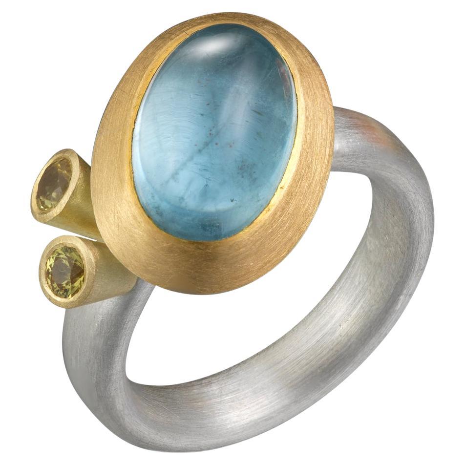 Aquamarine Cabochon and Yellow Sapphire Silver and 22ct Gold Ring For Sale