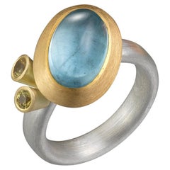Aquamarine Cabochon and Yellow Sapphire Silver and 22ct Gold Ring