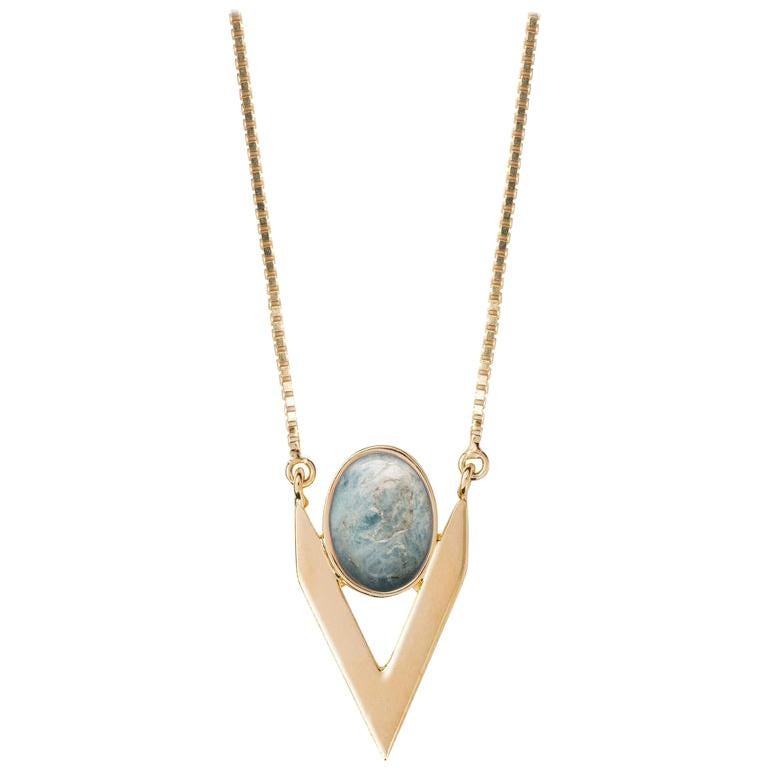 Aquamarine Cabochon Necklace in 9 Carat Gold from Iosselliani For Sale