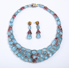 Aquamarine Cabochon Pink Tourmaline Diamond Necklace and Earrings Set