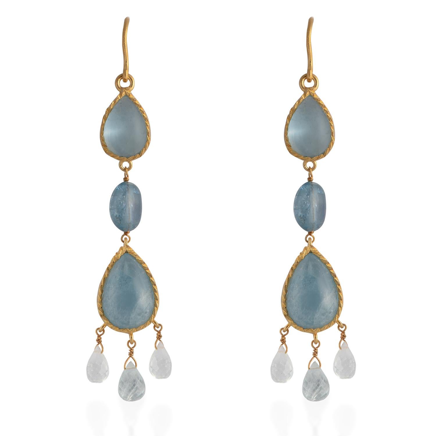 Aquamarine Cabochon Teardrop Gold Plated Earrings In New Condition For Sale In Frome, Somerset