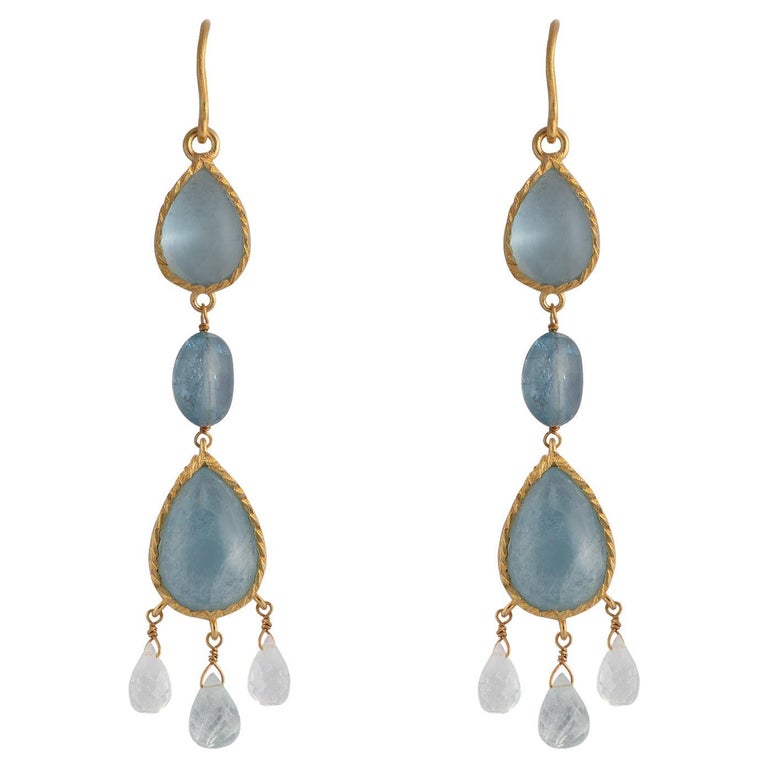Aquamarine Cabochon Teardrop Gold Plated Earrings For Sale at 1stDibs