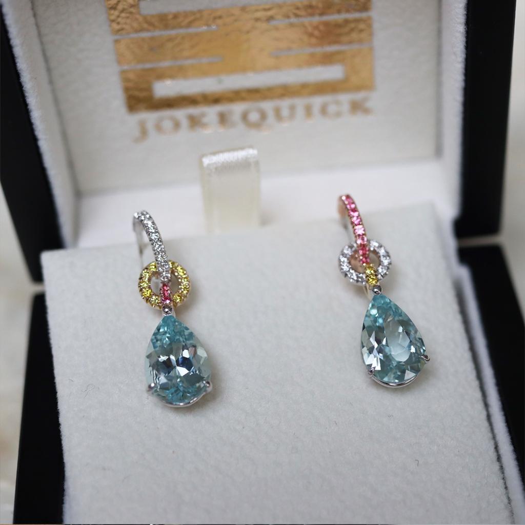 Aquamarine Canary Yellow Diamond Intense Pink Spinel Mismatched Earrings 4