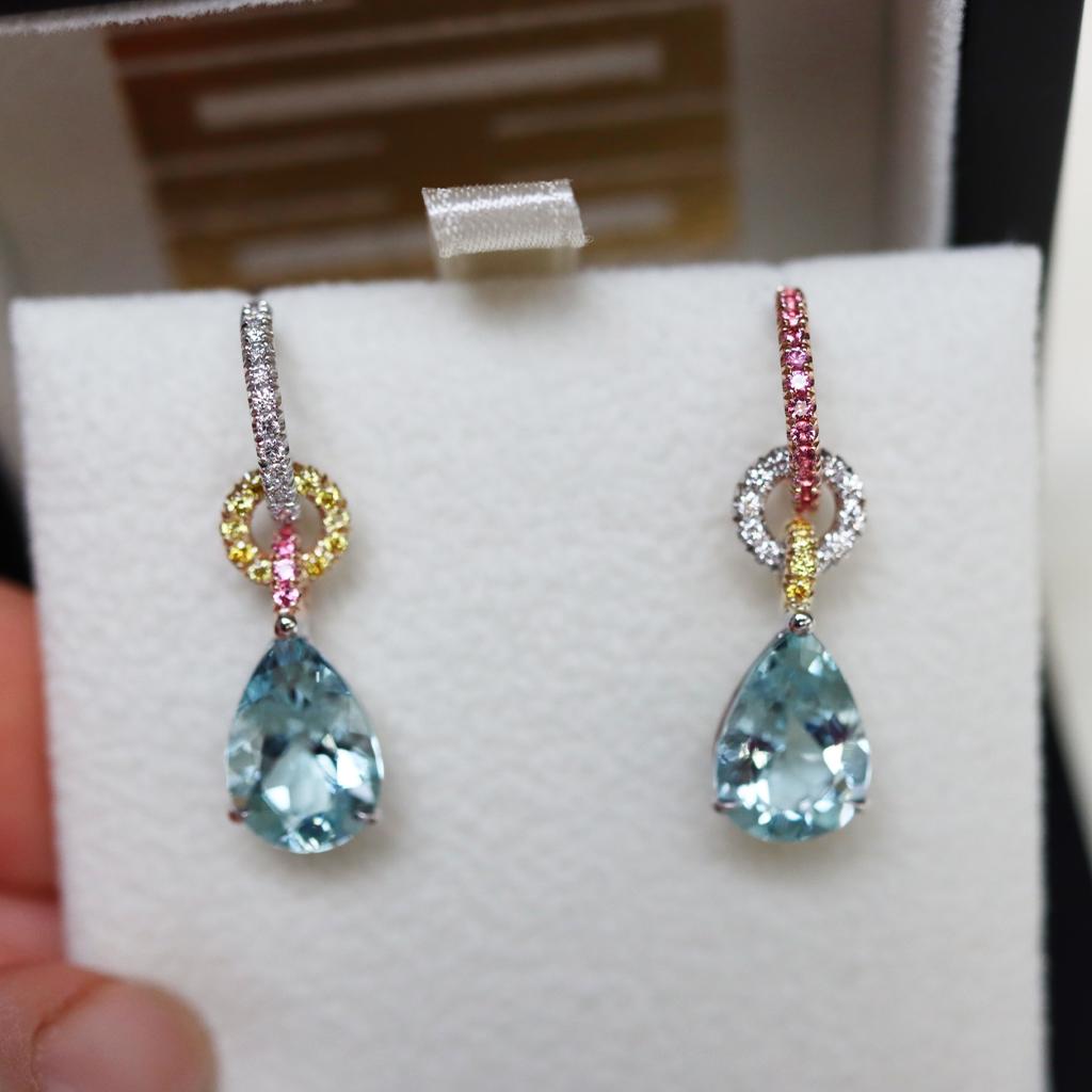 Aquamarine Canary Yellow Diamond Intense Pink Spinel Mismatched Earrings 5