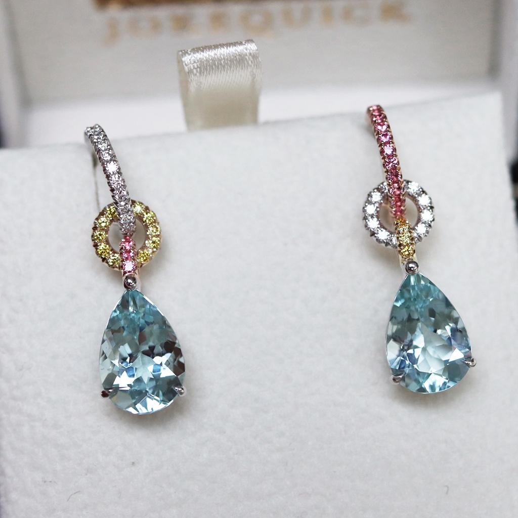 Aquamarine Canary Yellow Diamond Intense Pink Spinel Mismatched Earrings 6
