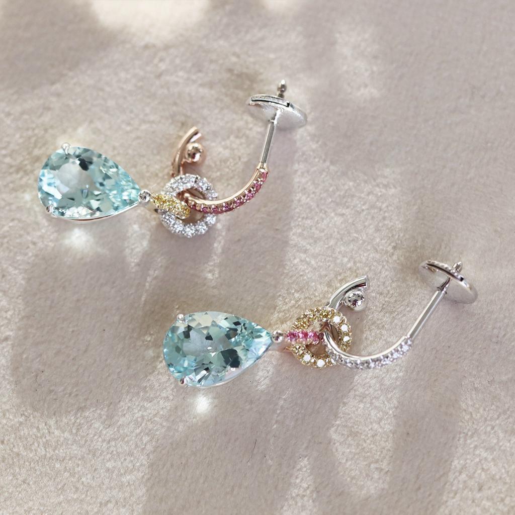 Contemporary Aquamarine Canary Yellow Diamond Intense Pink Spinel Mismatched Earrings