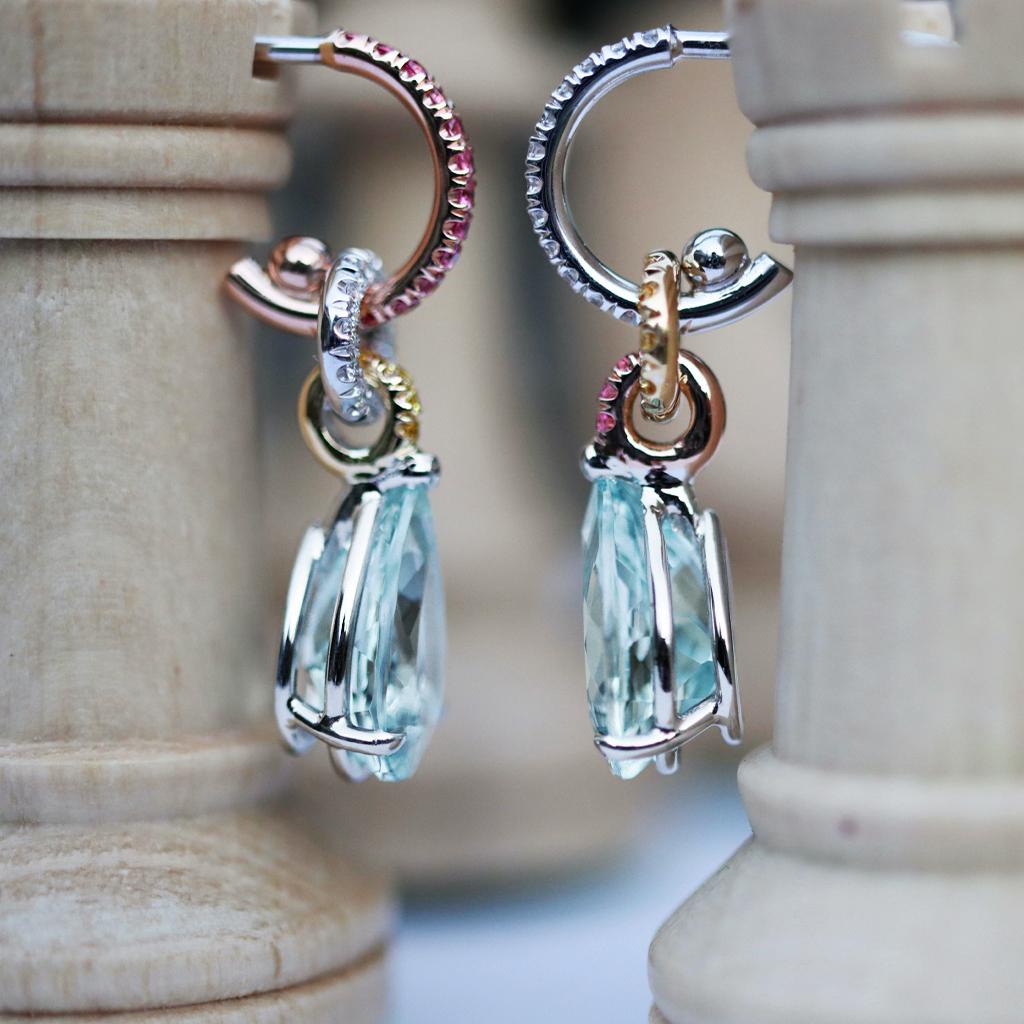 Aquamarine Canary Yellow Diamond Intense Pink Spinel Mismatched Earrings In New Condition In Antwerp, BE