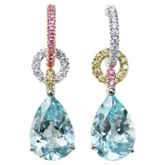 Aquamarine Canary Yellow Diamond Intense Pink Spinel Mismatched Earrings