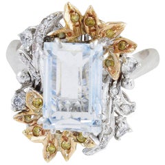 Vintage Aquamarine Carat 4.17, Diamonds, Rose Gold and White, Ring