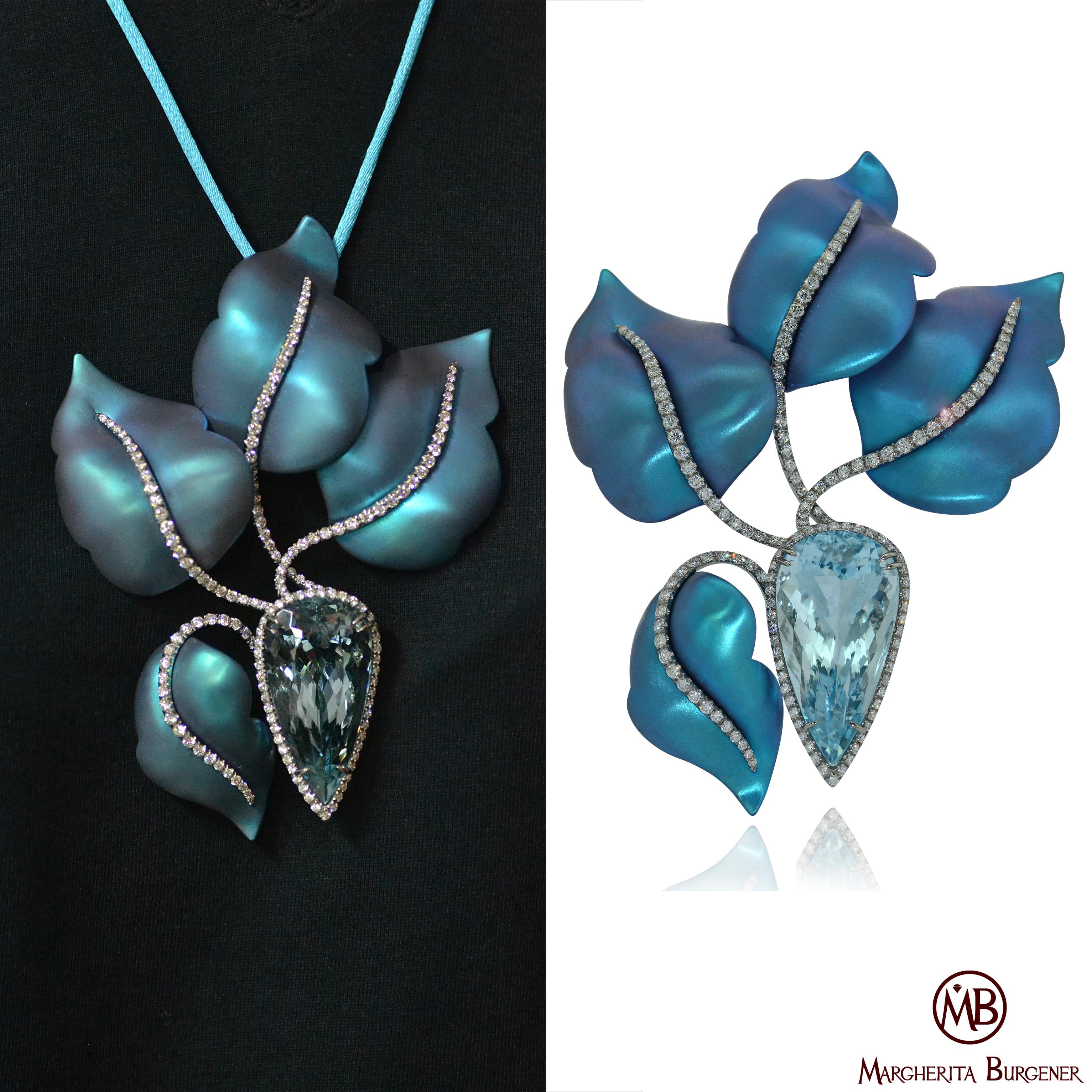 Impressive, unique, stunning  pendant and brooch.
Made in Italy in Margherita Burgener family workshop, the brooch that is also wearable as a pendant, is very light as fully in titanium.
Petals are oxydised in a velvet like petroleum blue.
The