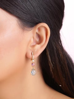 Aquamarine Carved and Spinel Cabochon Earrings in 18k Gold with Diamonds