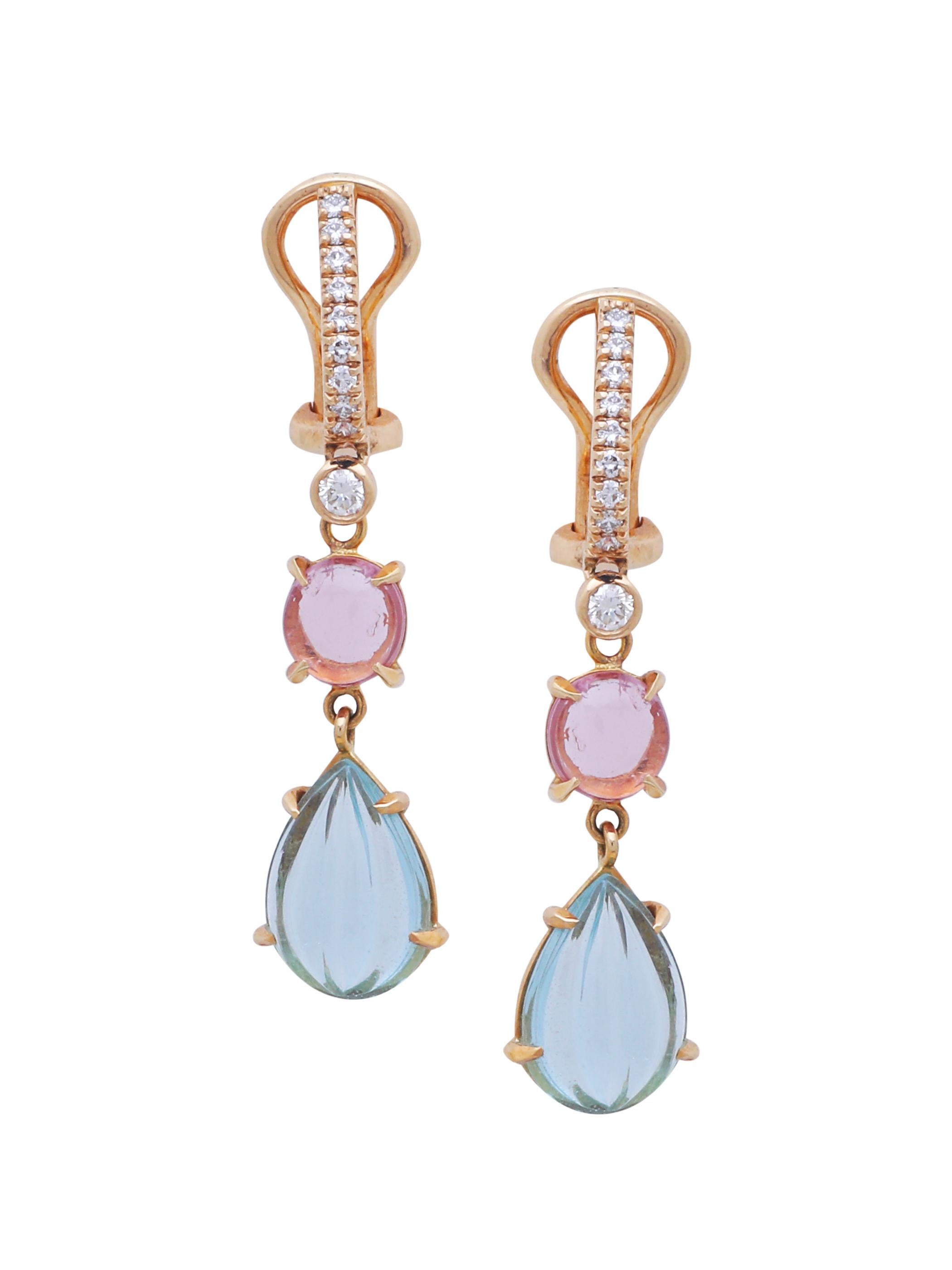 Art Deco Aquamarine Carved and Spinel Cabochon Earrings in 18k Gold with Diamonds For Sale