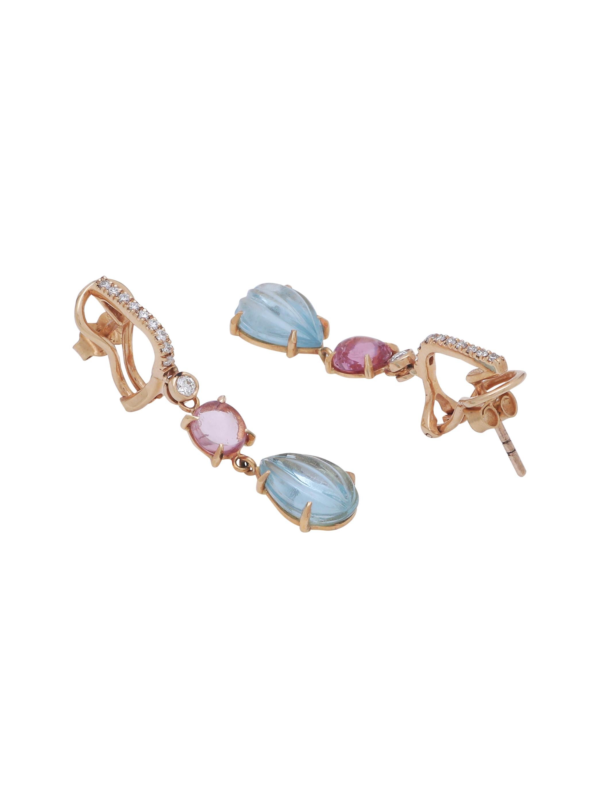 Aquamarine Carved and Spinel Cabochon Earrings in 18k Gold with Diamonds In New Condition For Sale In Jaipur, IN