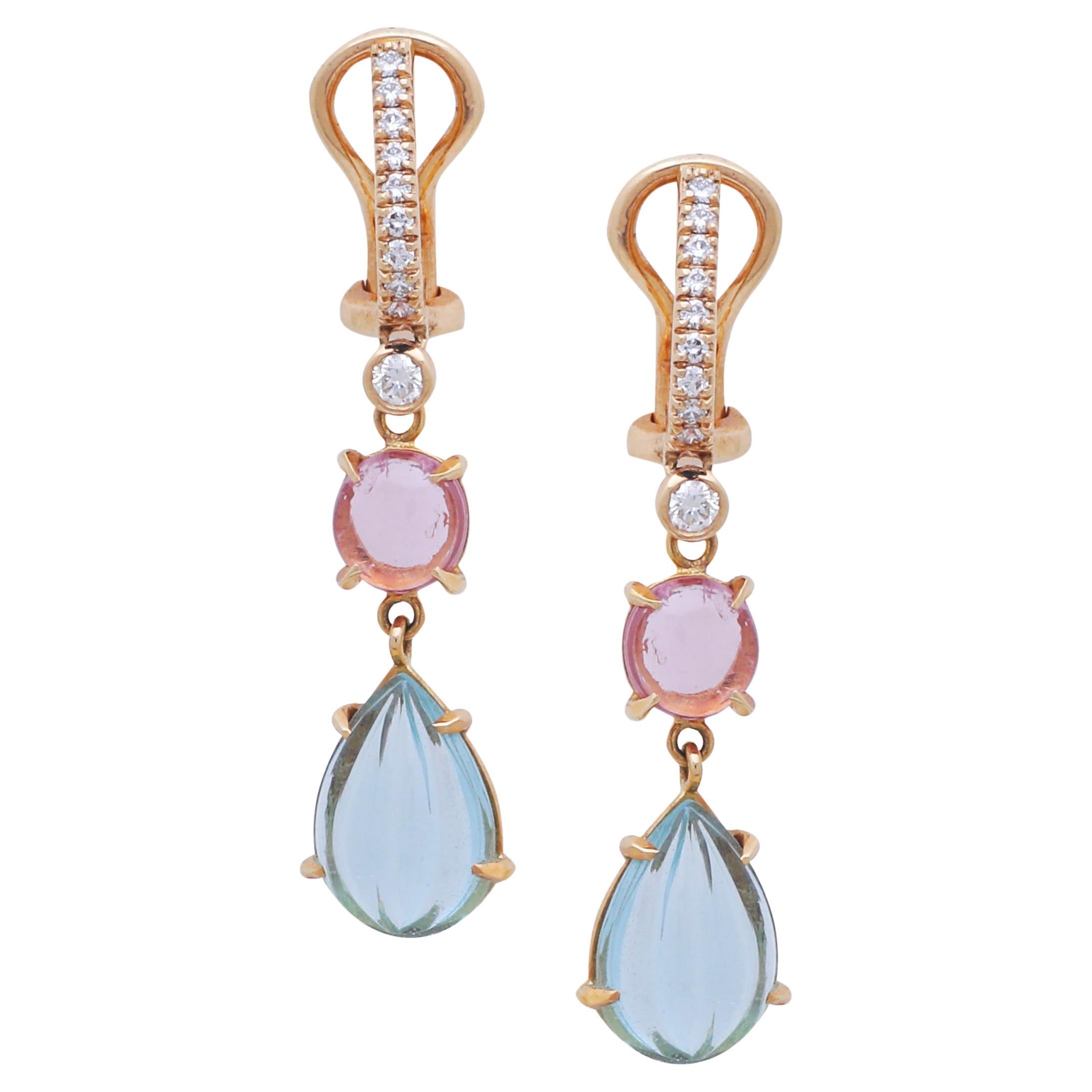 Aquamarine Carved and Spinel Cabochon Earrings in 18k Gold with Diamonds For Sale