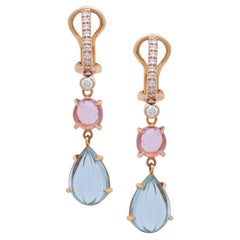 Boucles d'oreilles en or 18 carats, aigue-marine sculptée et spinelle cabochon avec diamants