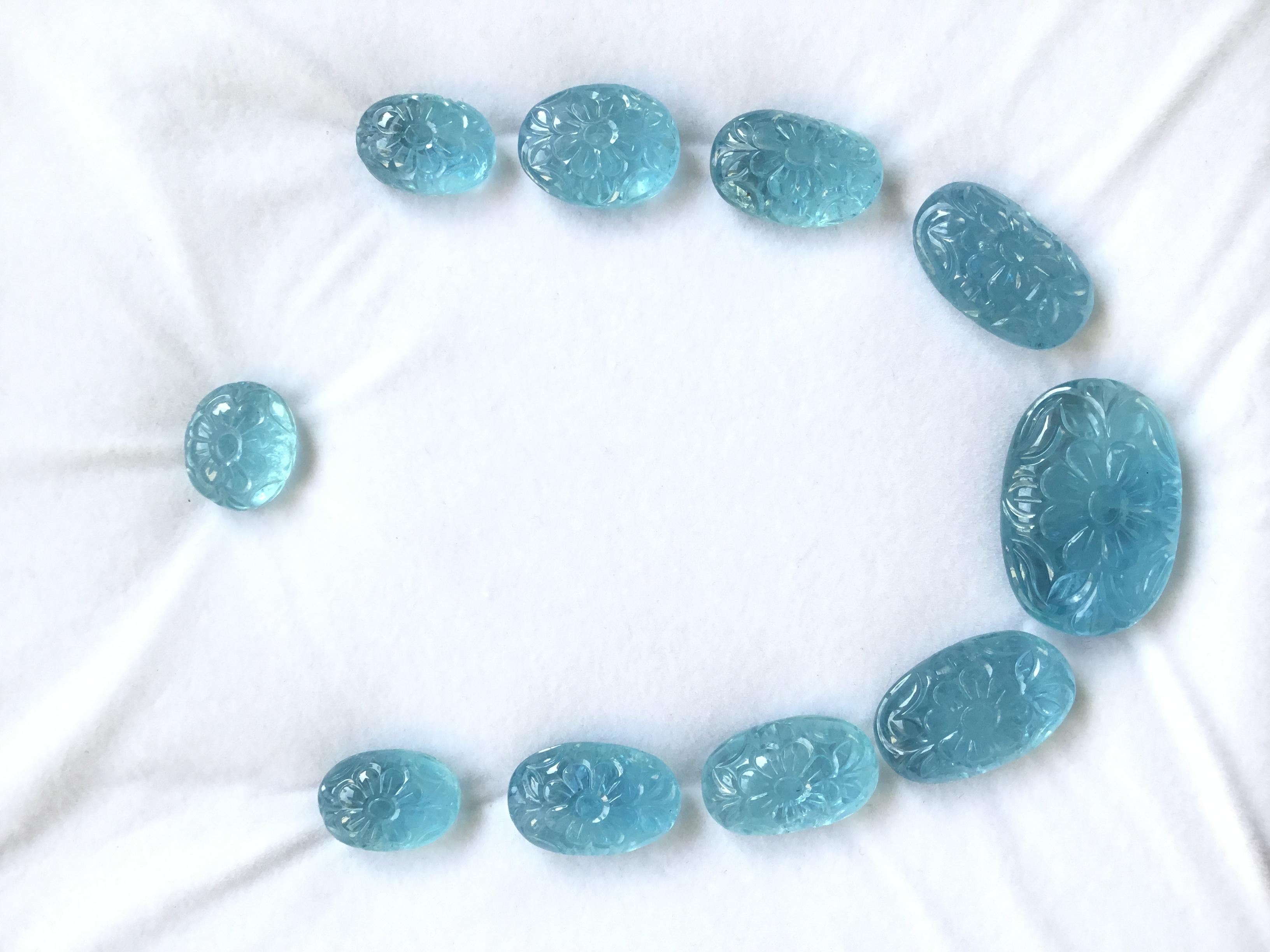 Aquamarine Carved Layout Jewelry Set Natural Gemstone Top Quality Color In New Condition In Jaipur, RJ