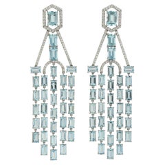 Aquamarine Chandelier Earrings Connected With Diamonds Made In 18k White Gold