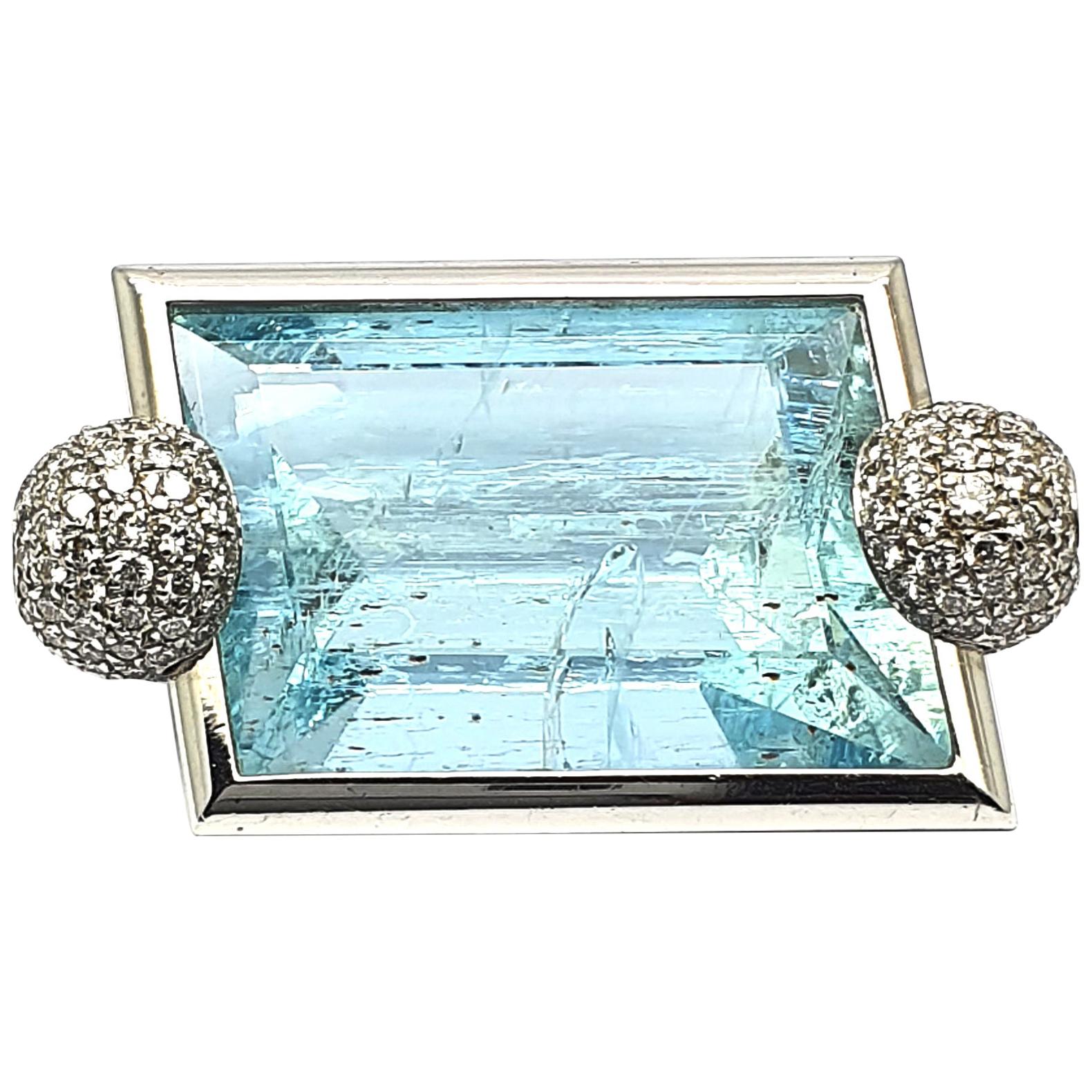Aquamarine Clasp, 42.80 Carat in an 18K White Gold Frame & Pave Set Diamond Caps For Sale