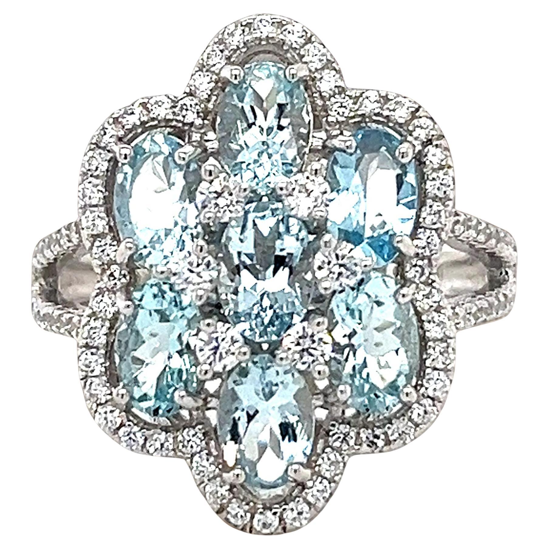 Aquamarine cluster ring light blue oval floral cluster silver Ring Birthstone