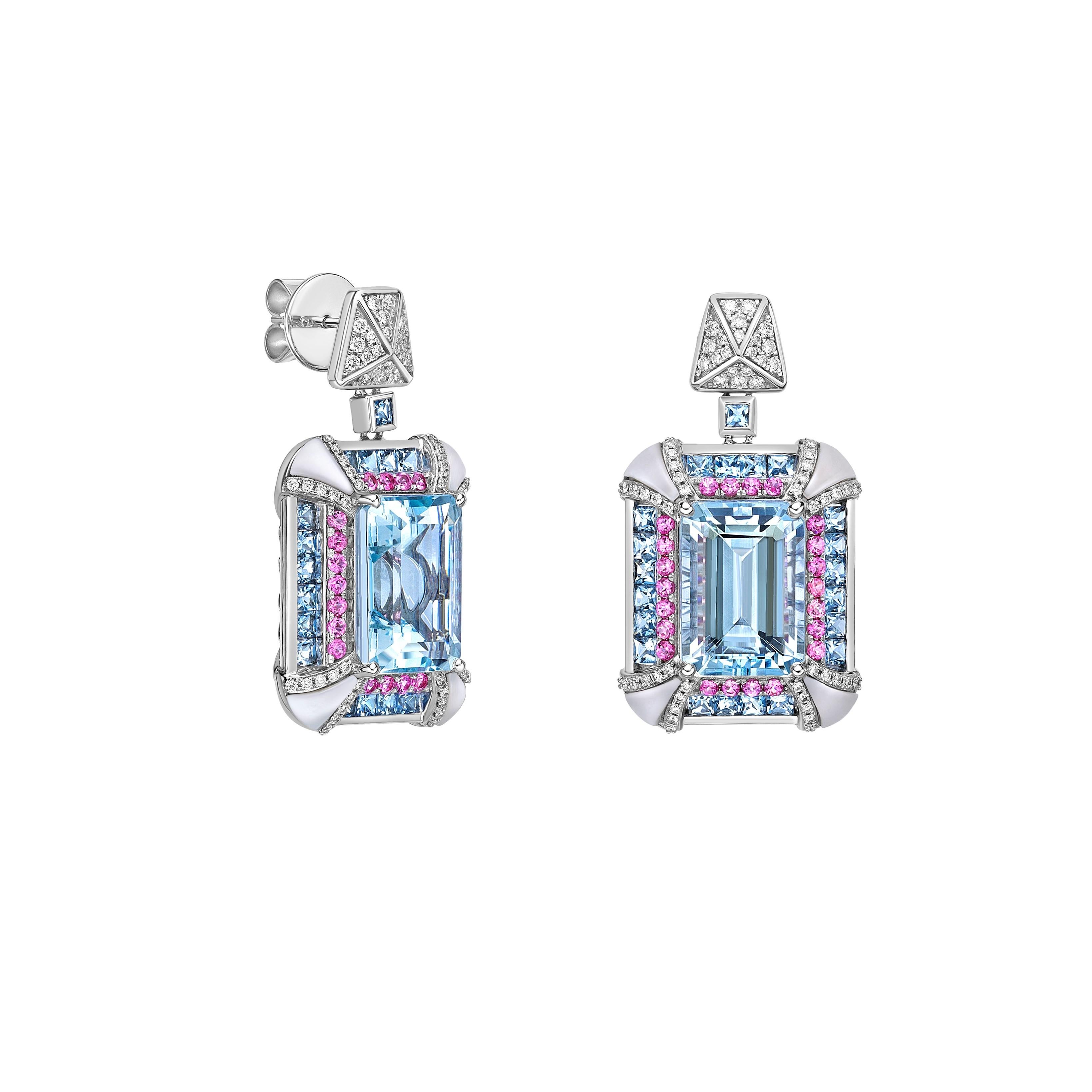 This collection features an array of aquamarines with an icy blue hue that is as cool as it gets! These earrings are uniquely designed in an art deco style and sit on a frame on pink mother of pearl with pink spinel, aquamarine and diamond accents.