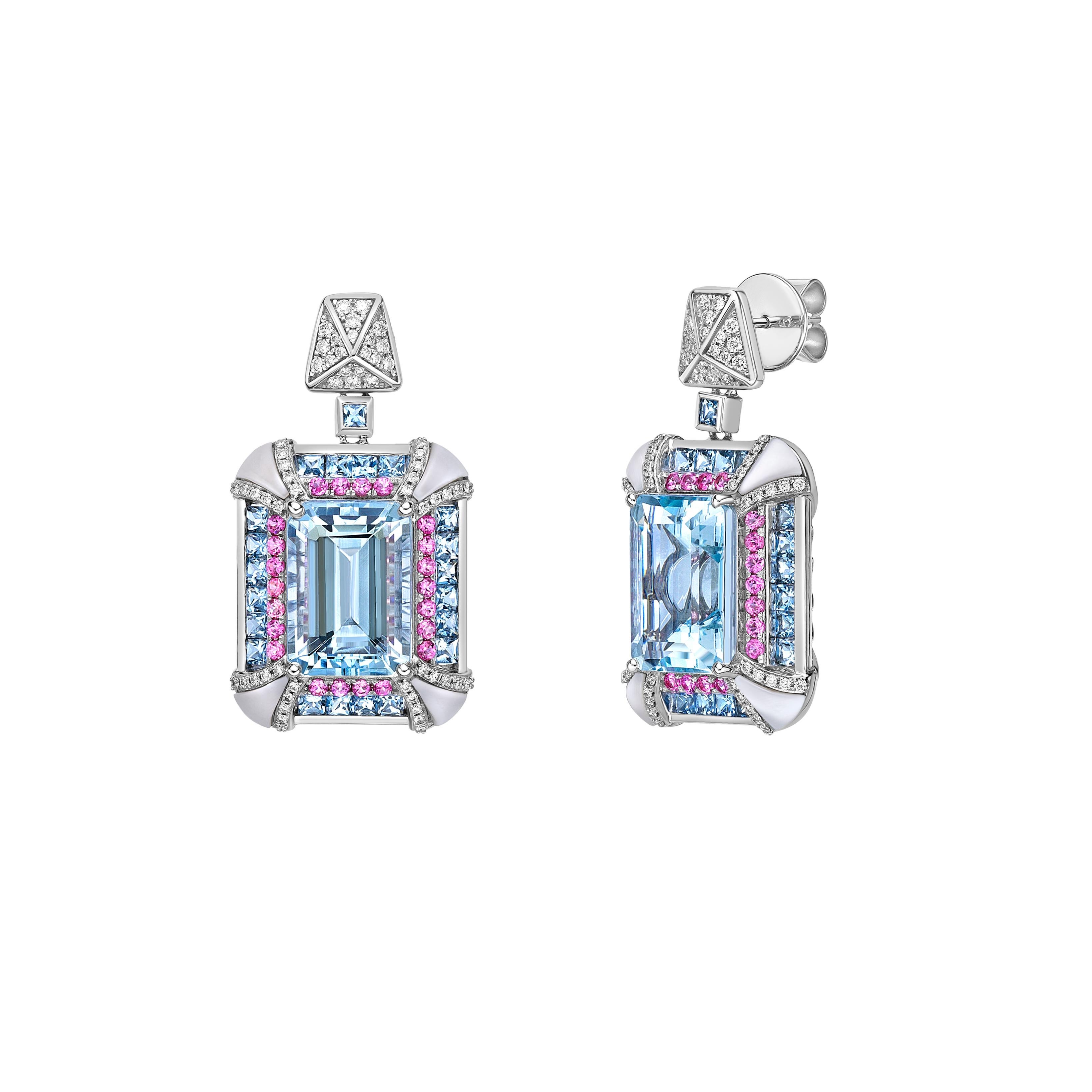 Contemporary Aquamarine Cocktail Earrings with Mother of Pearl, Spinel & Diamond in 18KWG. For Sale