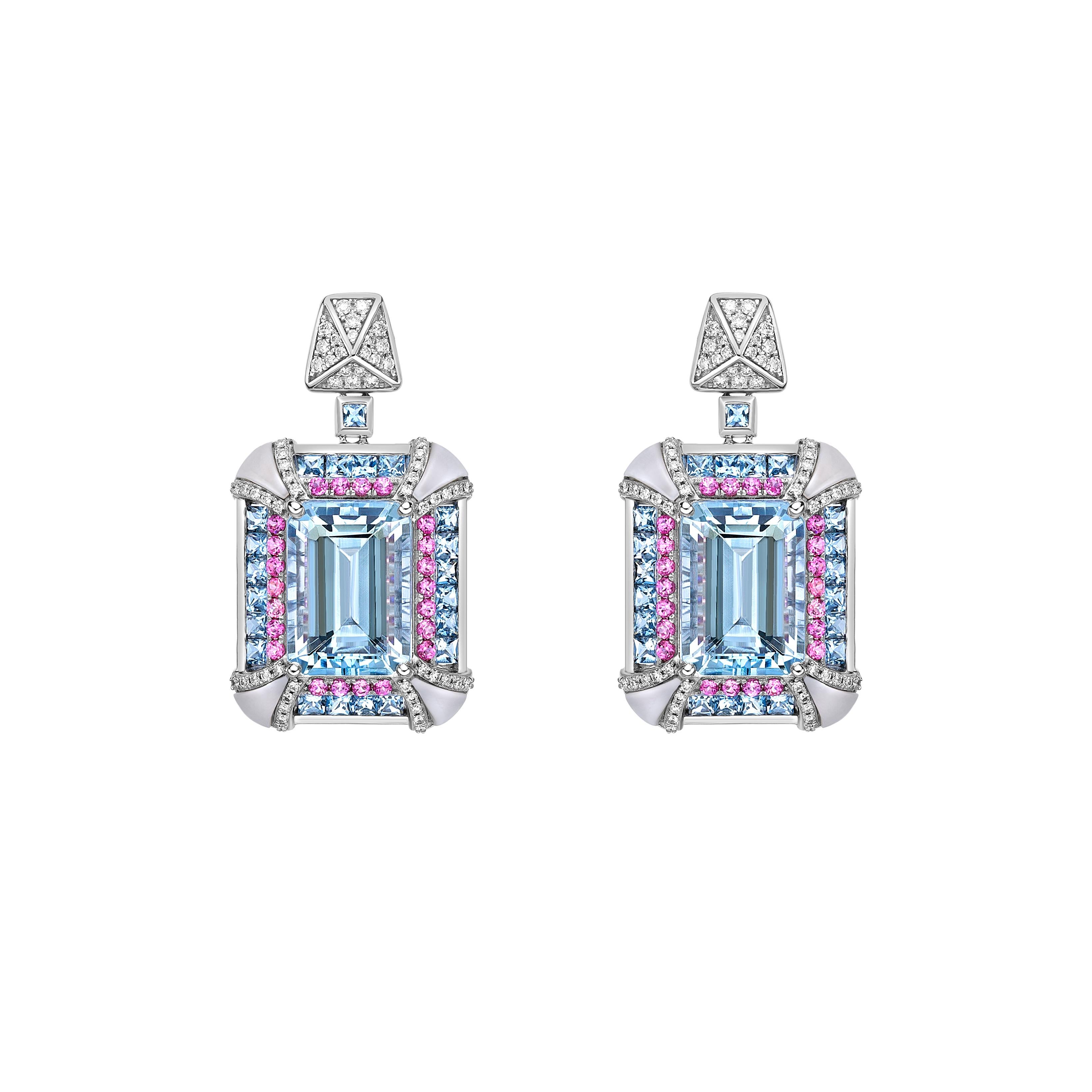 Octagon Cut Aquamarine Cocktail Earrings with Mother of Pearl, Spinel & Diamond in 18KWG. For Sale