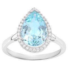 Aquamarine Cocktail Ring Diamond Halo 2.2 Carats Total 10K Gold