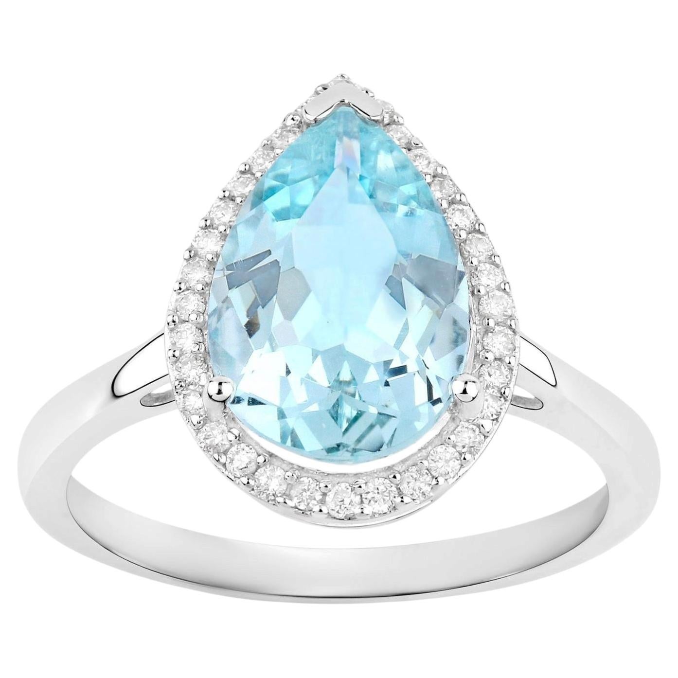 Aquamarine Cocktail Ring Diamond Halo 2.2 Carats Total 10K Gold