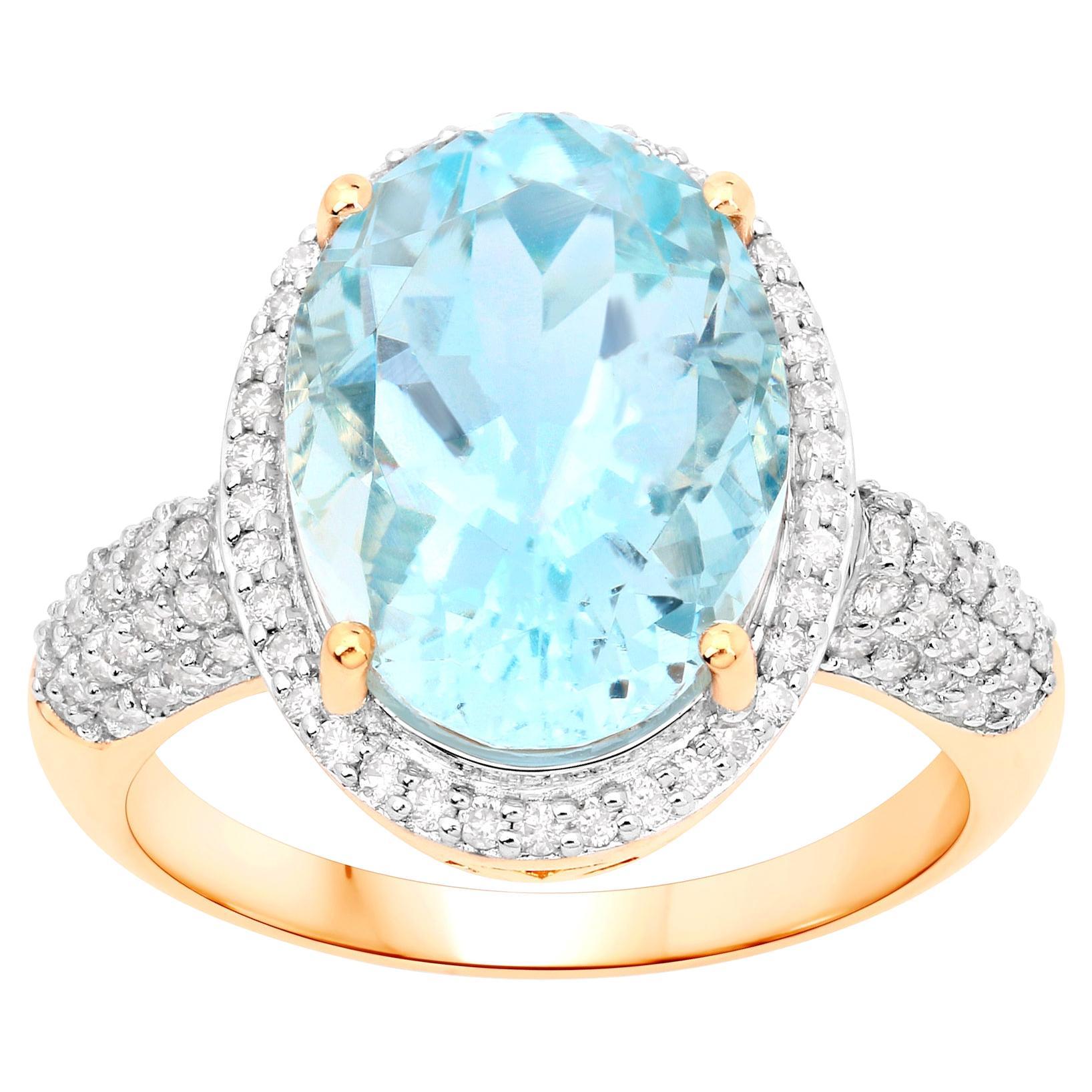 Aquamarine Cocktail Ring Diamond Setting 5.45 Carats 14K Yellow Gold For Sale